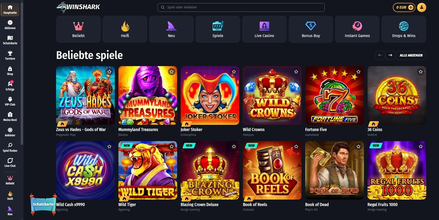 Winshark Casino Lobby mit CashtoCode